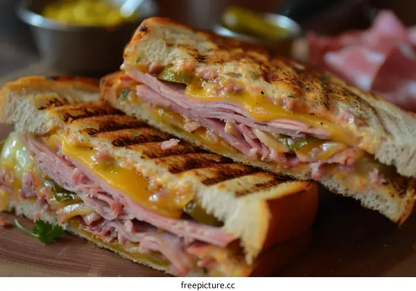 Ham and cheese sandwich with pickles and mustard