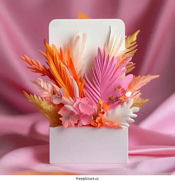 Colorful Paper Flowers in a White Box on a Pink Background