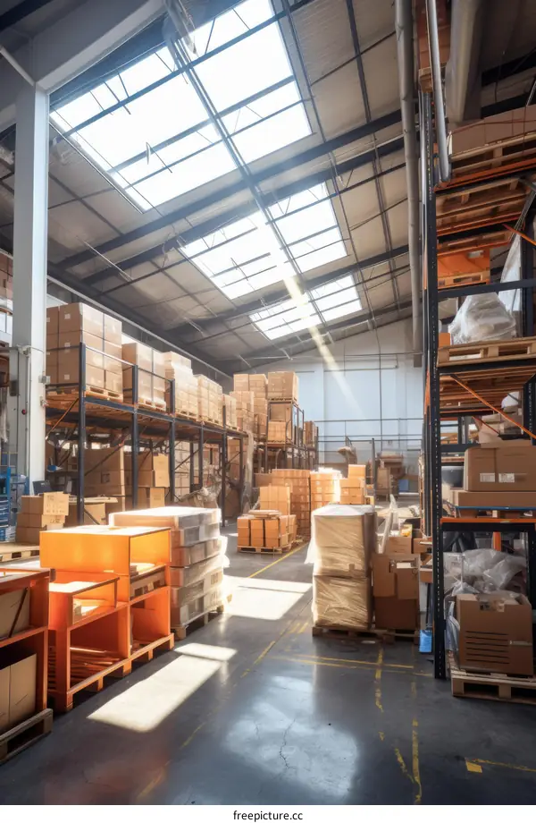 A large warehouse with many boxes and shelves