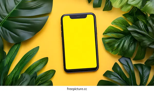 Yellow Background with Green Tropical Leaves and Smartphone