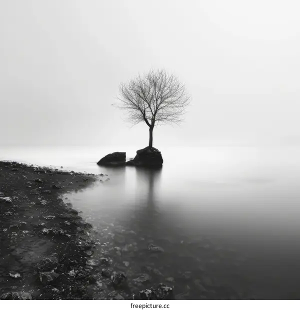 Lonely Tree Amidst Misty Lake