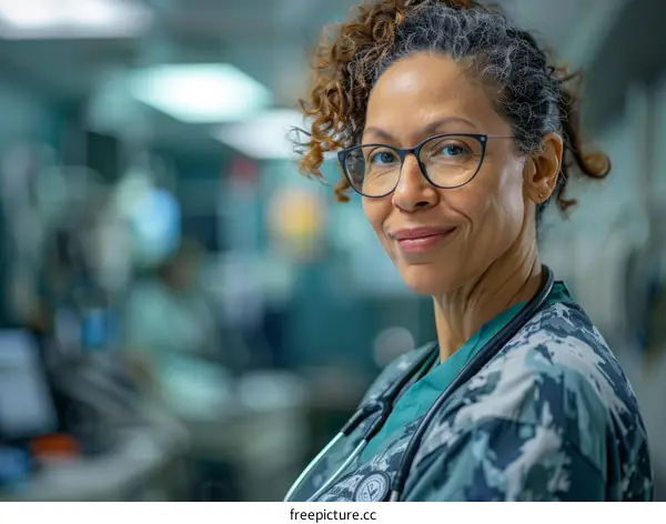 Portrait of a smiling female doctor in scrubs