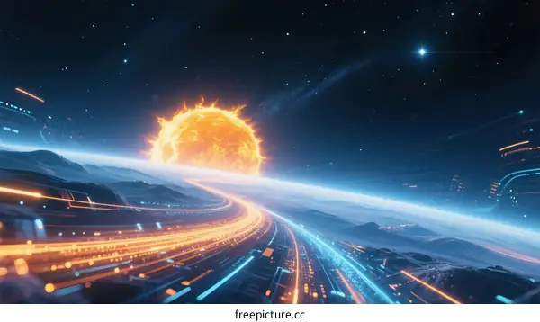 Vibrant Interstellar Highway with Glowing Sun and Earth Horizon