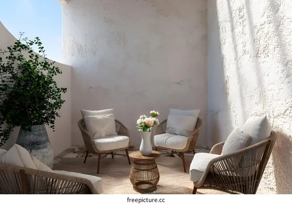 White Wall Patio With Woven Chairs and Flowers