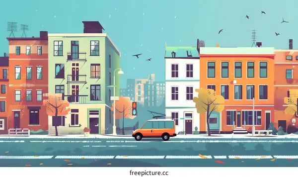 Autumn Cityscape With Van And Street