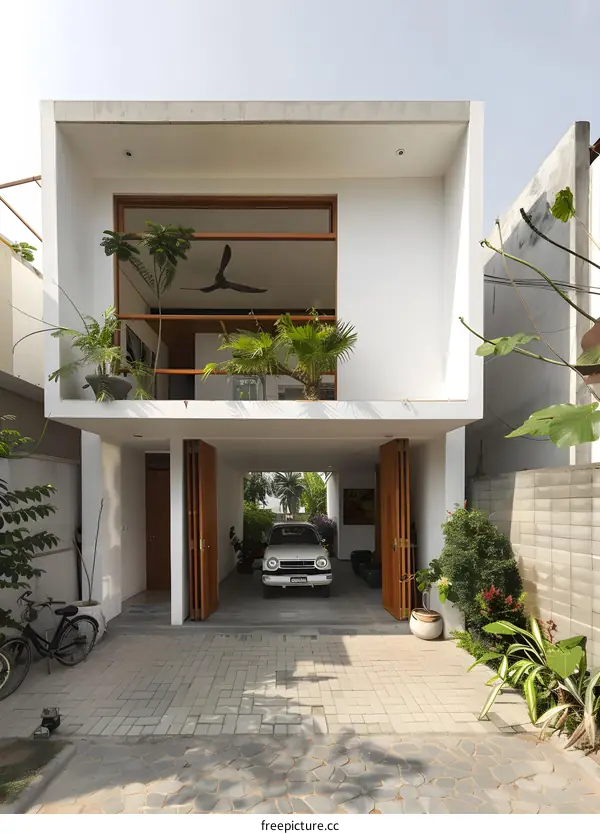 Modern Minimalist House with Open Garage and Tropical Plants