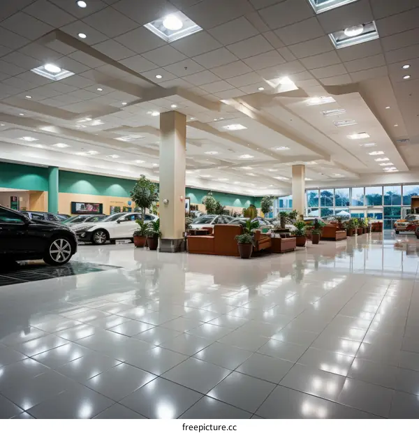 Car dealership showroom interior with luxury cars on display