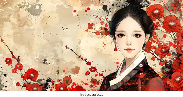 Beautiful Asian Woman in Traditional Korean Dress with Red Blossoms