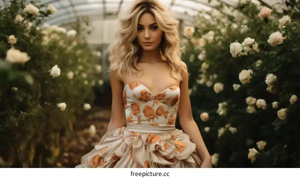portrait of a beautiful blonde woman wearing a rose-patterned dress in a greenhouse