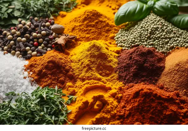 Colorful spices and herbs on wooden background