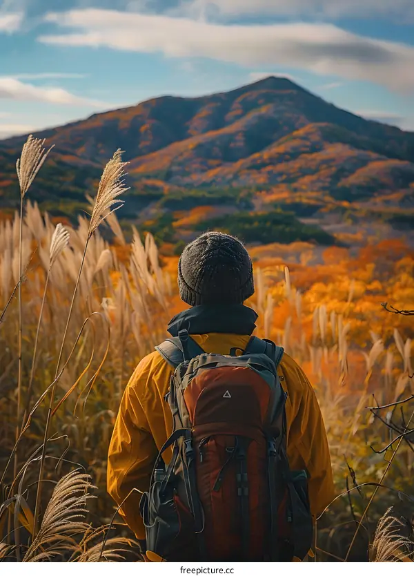 A person standing on a hilltop overlooking a valley of tall grass and mountains in the distance