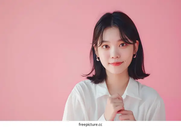 Portrait of a Young Woman in a White Shirt Against a Pink Background