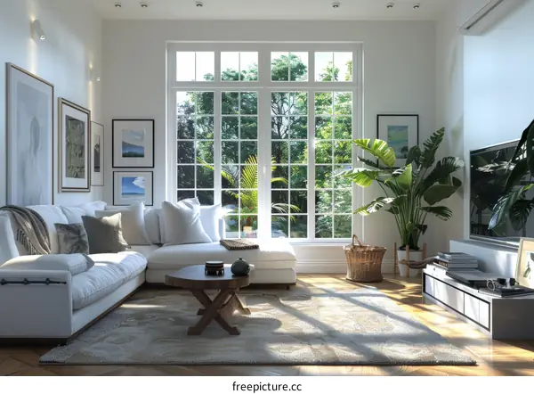 Modern Living Room Interior Design with Large Window and White Sofa