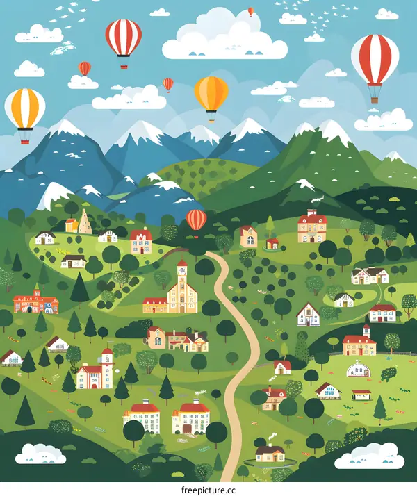 Beautiful Village Illustration With Hot Air Balloons In The Sky