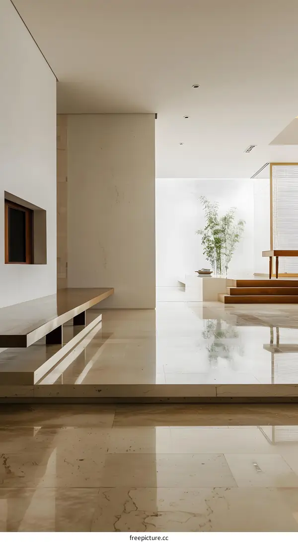 Minimalist Interior Design With Polished Marble Floors And Wooden Steps