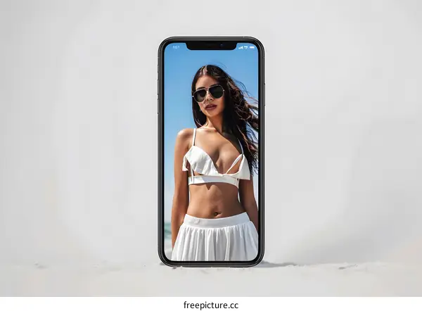 Woman in White Bikini on Phone Screen