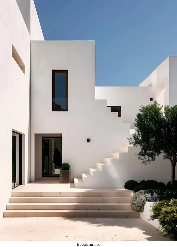 Modern White House Exterior with Stairs and Greenery