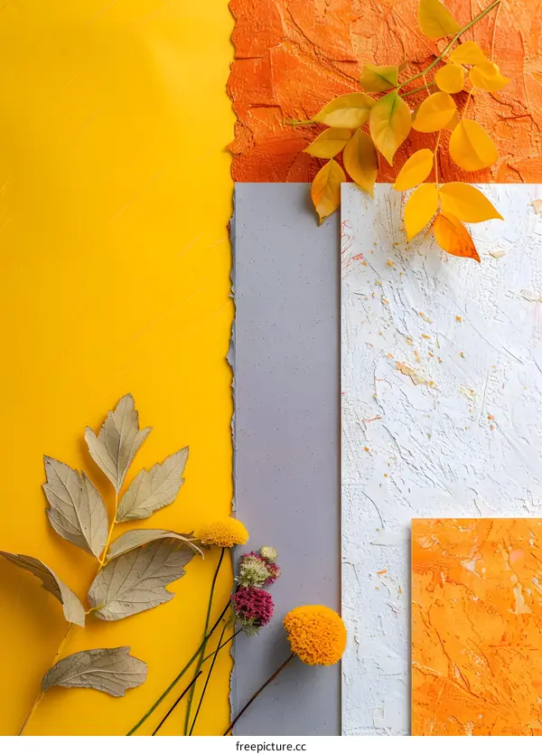 Autumn Leaves and Flowers on Colored Background