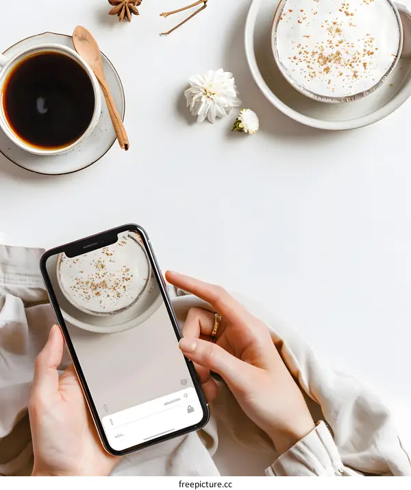 Woman Using Smartphone With Coffee Image