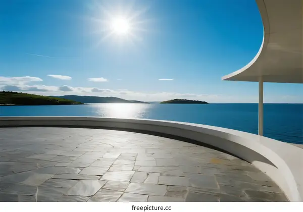 Bright sunny day with clear blue sky and sea view from a modern terrace