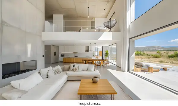 Modern Living Room With Fireplace And Large Windows