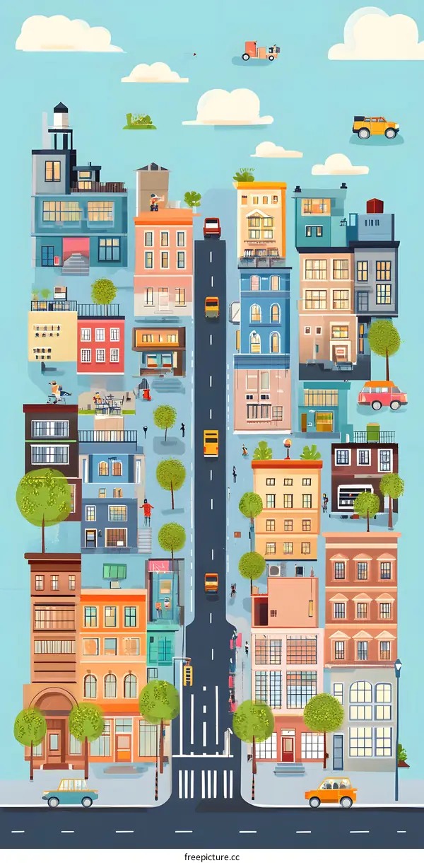 Colorful Cityscape Illustration With Buildings, Trees and Cars