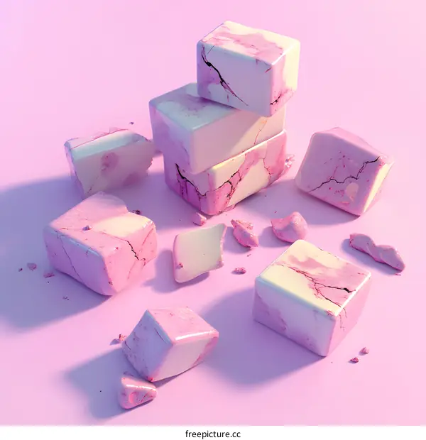 Pink and White Marble Cubes Scattered on Purple Background