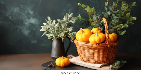 Autumnal Pumpkins in Wicker Basket Decor