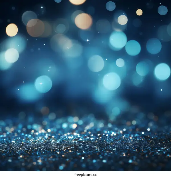Blue and gold glitter background with blurred bokeh lights