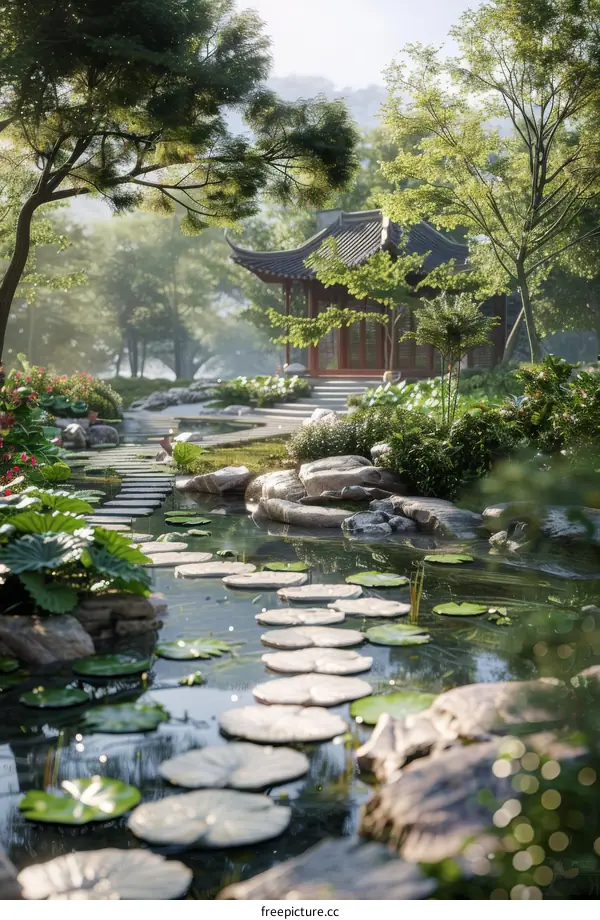 Tranquil Chinese Garden Landscape Illustration