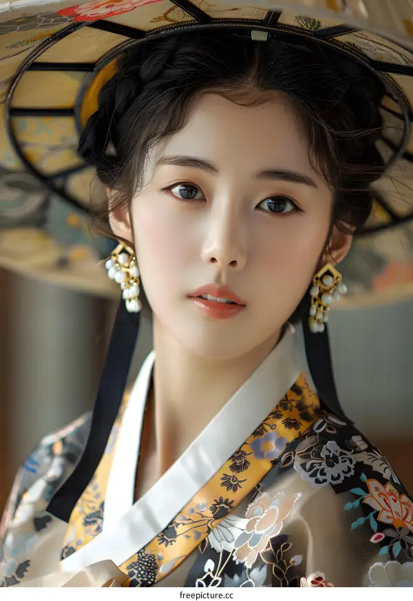 Portrait of a beautiful young woman in a traditional Korean hanbok dress