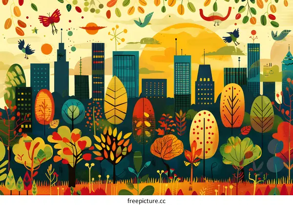 Colorful Cityscape with Trees and Birds