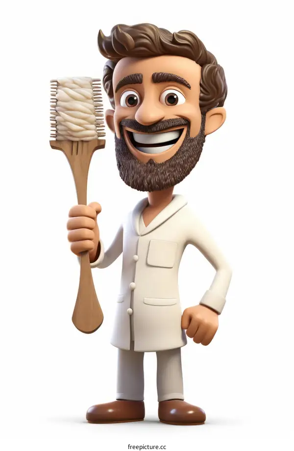 Cartoon of a smiling bearded man holding a hairbrush