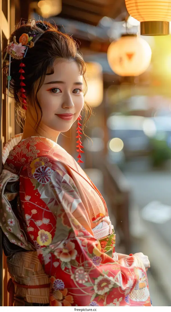 Japanese Woman in Traditional Kimono with Floral Pattern