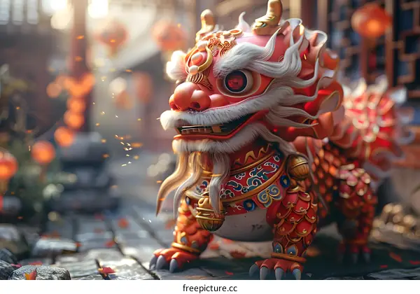 A Chinese dragon is dancing on the street during the Spring Festival.