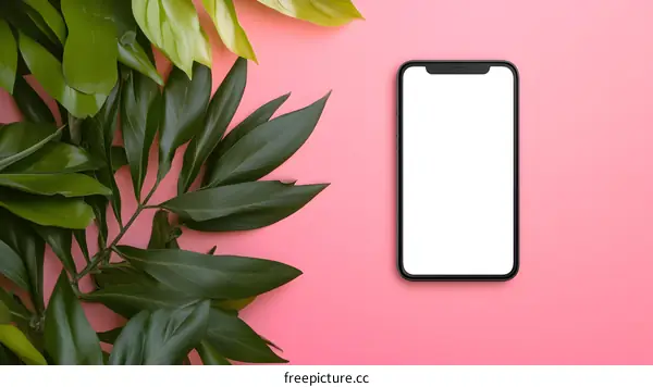 Green Leaves and Smartphone on Pink Background