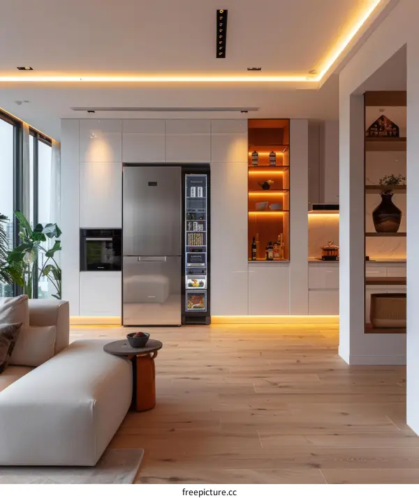 An open-concept kitchen with a large fridge and a wooden dining table