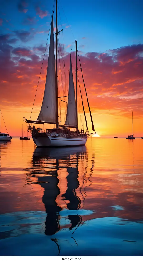 A sailboat is sailing on the sea at sunset