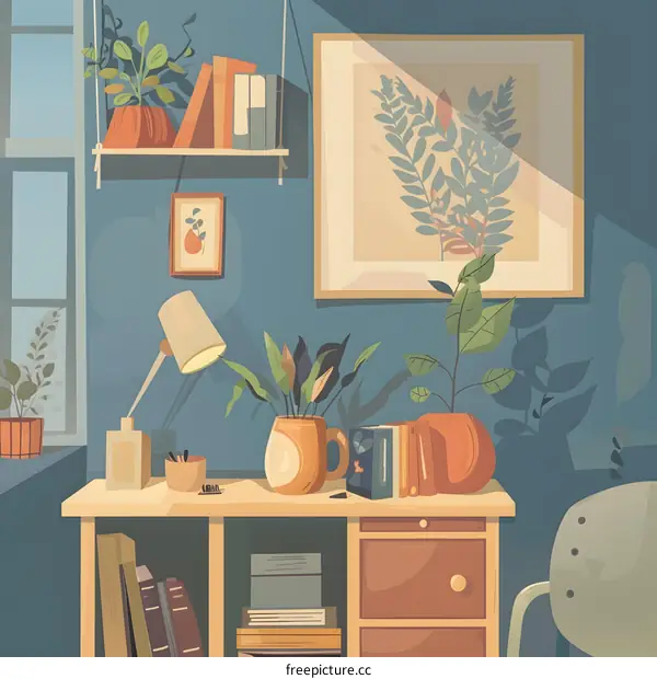 Cozy Home Office Illustration with Plants and Books
