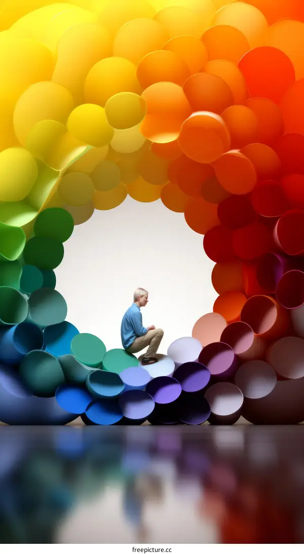 Man Kneeling in a Circle of Rainbow Paper Lanterns