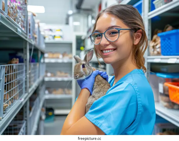 Young smiling woman holding a rabbit in her arms