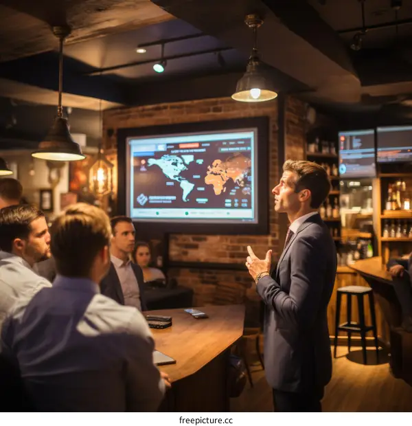 Businessman giving a presentation in a bar
