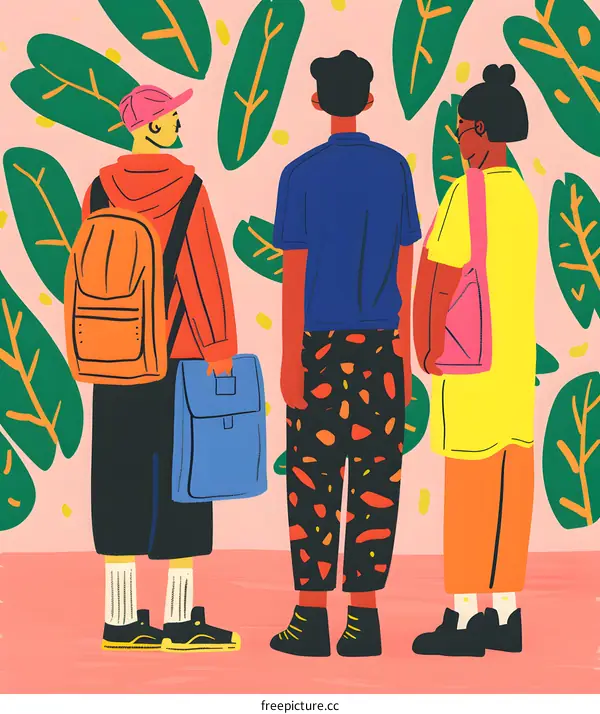 Colorful Illustration of Three People Standing in a Garden Setting