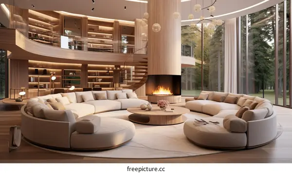 Modern luxury living room interior design with fireplace and spiral staircase