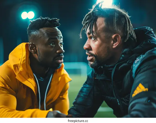 Two black men having a serious conversation at night