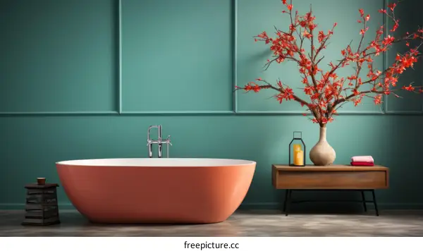 Freestanding bathtub in a green bathroom