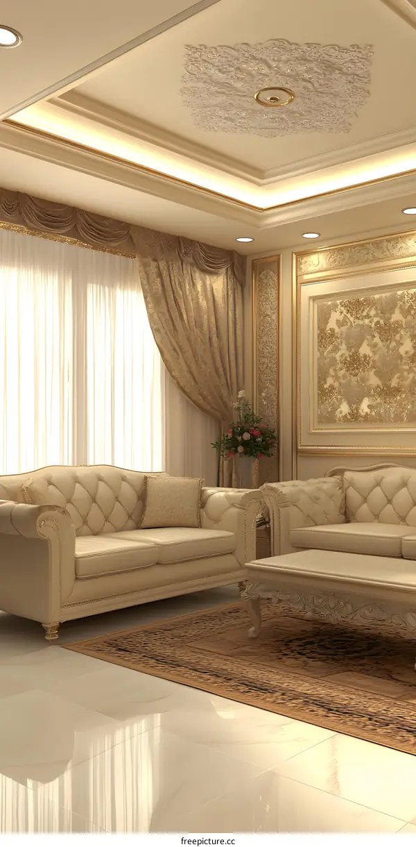 Luxury Living Room Interior Design with Golden Accents