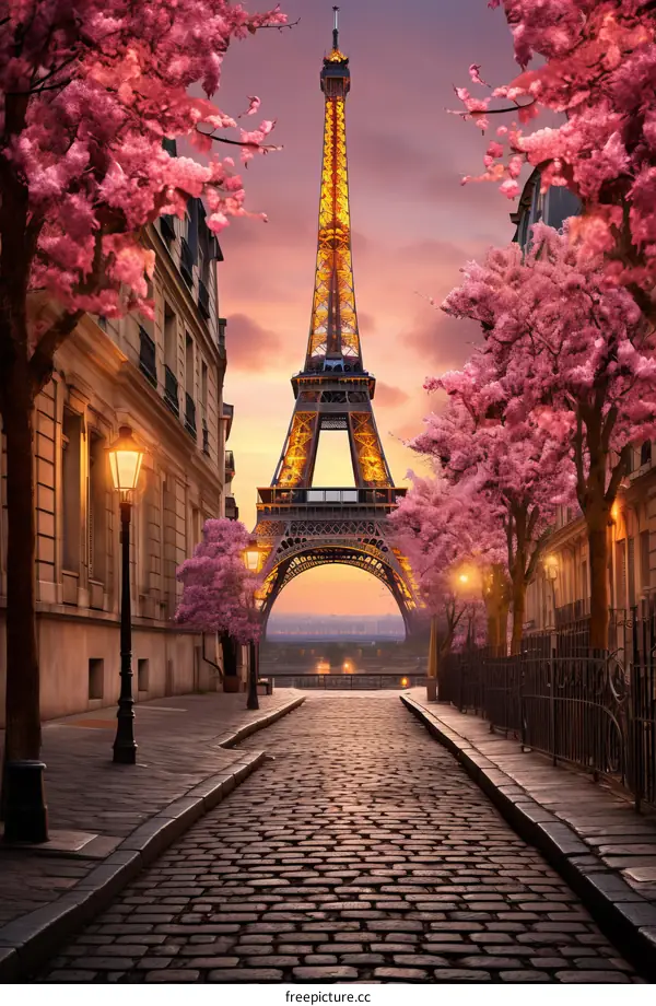 Paris street with Eiffel Tower in the distance surrounded by cherry blossom trees