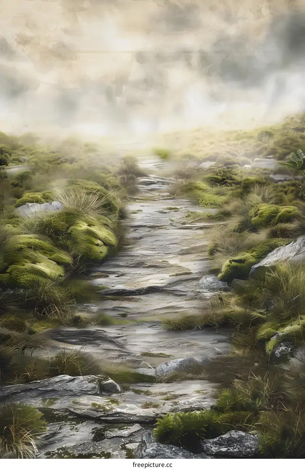 Stone Path Through Foggy Meadow