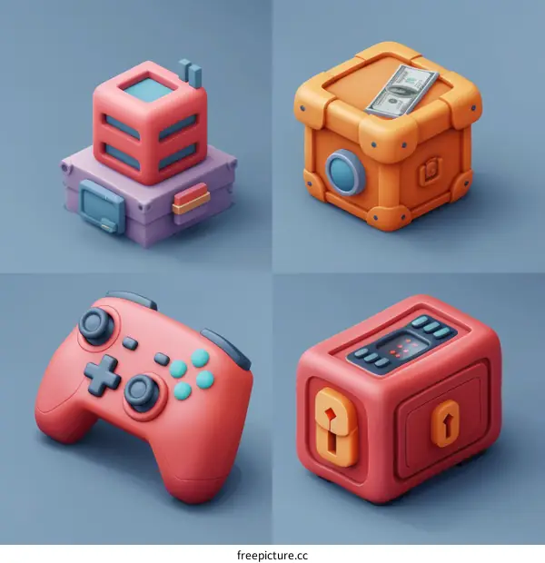 A set of 3D icons of a safe, money, safe, and locked safe.